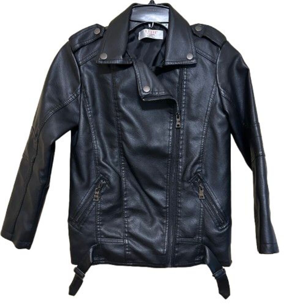 Black Faux Vegan Leather Moto Motorcycle Jacket Kids Youth Boy Girl 9-10 YR